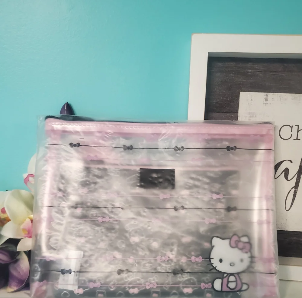 Hello Kitty Pink and Black Coquette Bow Print Cosmetic Bag SET